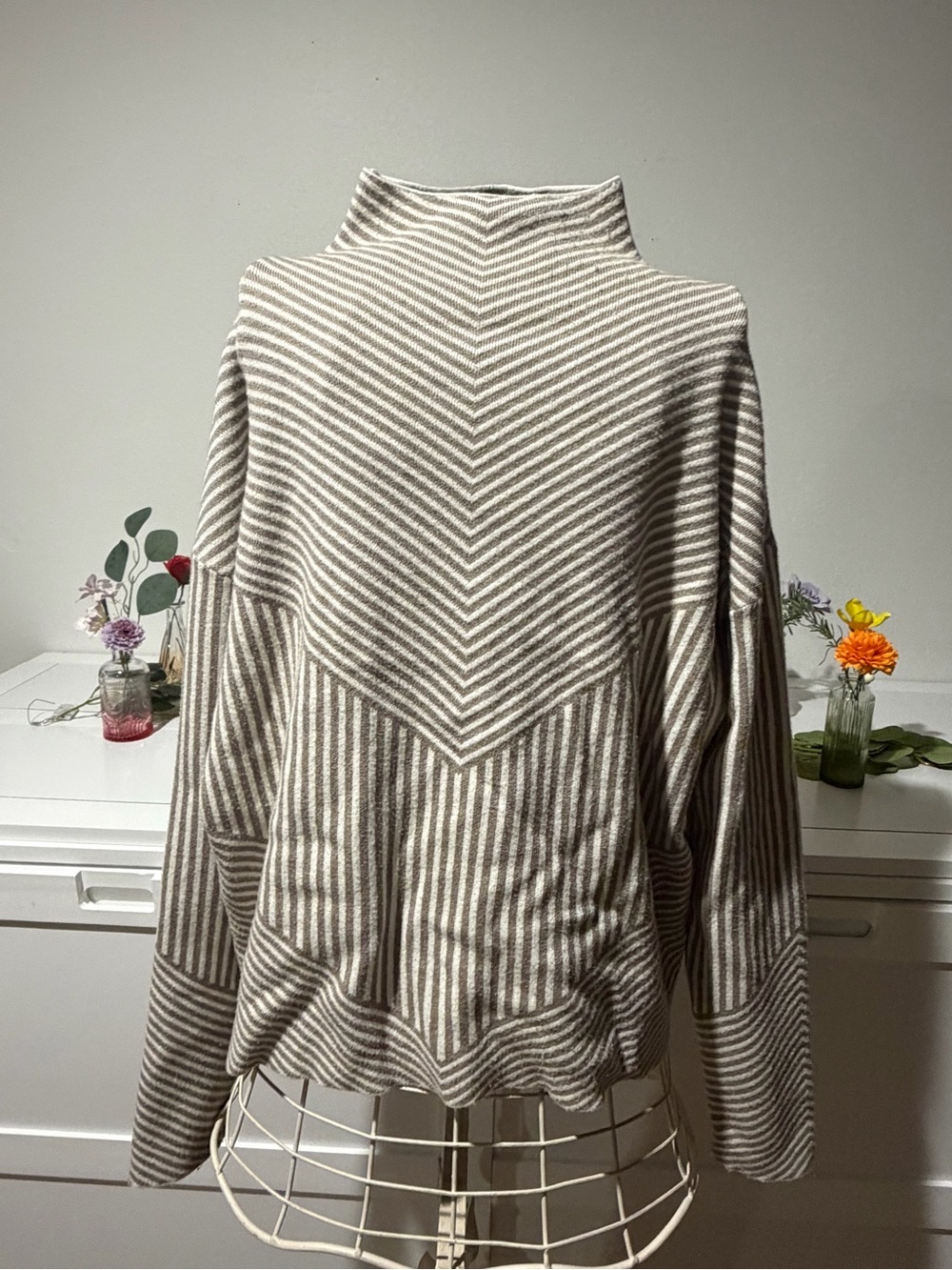 Cynthia Rowley Taupe and White Chevron Cowl Sweater